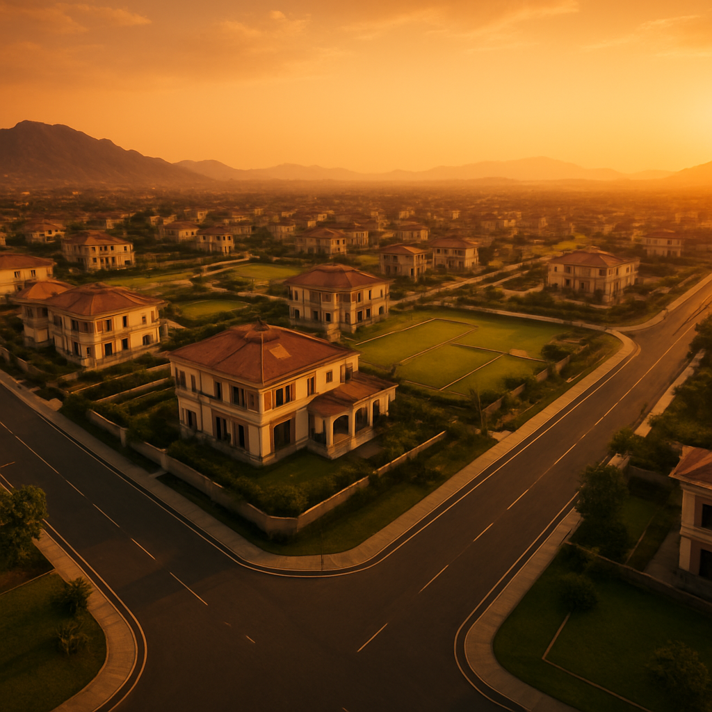 Aerial view of a premium residential township in Jaipur at golden hour